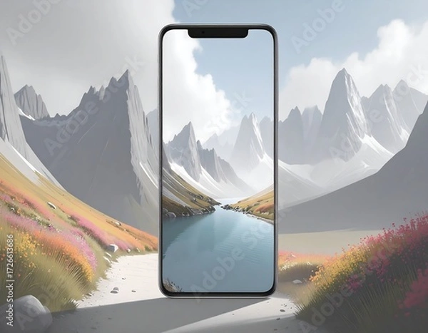 Fototapeta A smartphone displays a serene landscape of mountains and a lake, framed by colorful wildflowers and a path