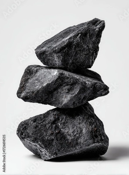 Fototapeta Dark stones stacked, balanced on a white background