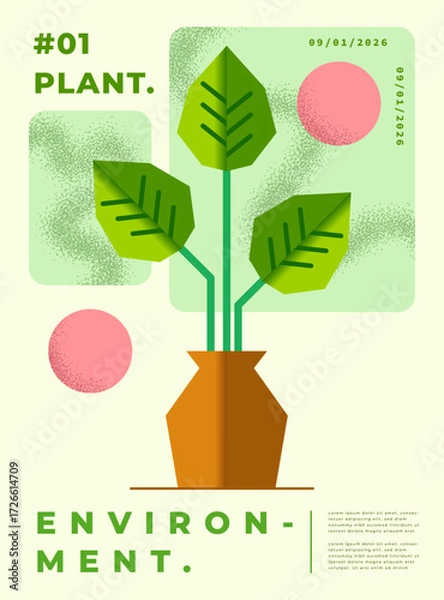 Fototapeta Minimalist geometric plant on a vase poster design. Modern leaf in a pot graphic element for decoration, environment, or botanical illustration.