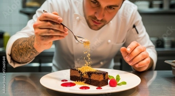 Fototapeta A chef in a white uniform, decorating a chocolate dessert with gold dust and garnishes.