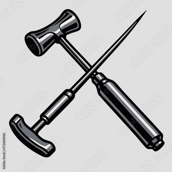 Fototapeta Gavel and a surgical scalpel crossed on a white background, symbolizing the intersection of law and medicine, malpractice, or medical legal issues.