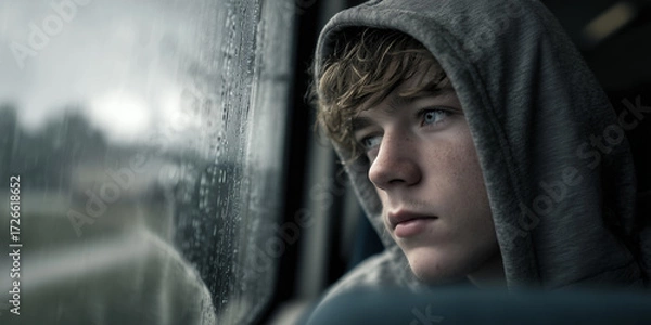 Obraz Cinematic emotional portrait of a melancholic teen boy on rainy train. Hyper-realistic close-up of a teenage boy in a hoodie staring out a rainy train window, lost in thought. Generative Ai.