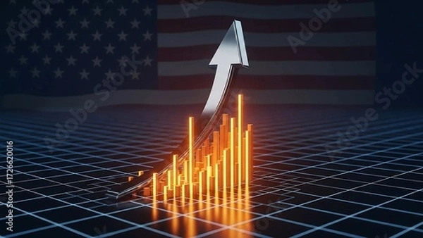 Fototapeta A bold silver arrow charting sharp growth over glowing orange bar graphs with a prominent US flag. Represents financial success, powerful economic recovery, and strong market trend.