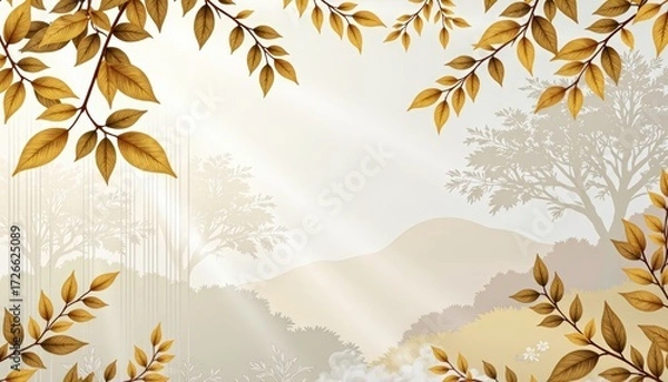 Fototapeta Autumn Forest Landscape Background with Golden Leaves and Trees