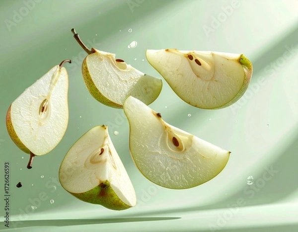 Fototapeta Fresh green pear slices floating with water splashes on a light green background.