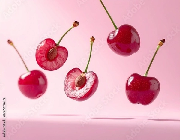 Fototapeta Ripe red cherries, whole and sliced in half to show the pit, floating or falling against a clean pink background.