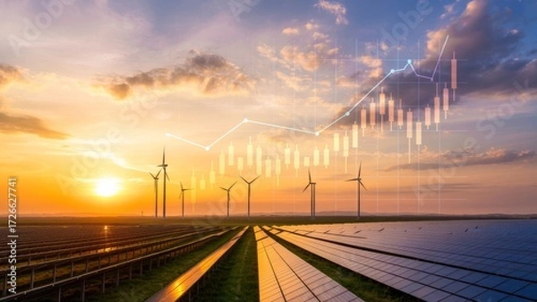 Fototapeta Solar panels and wind turbines at sunset with overlayed financial graph showing growth in energy sector