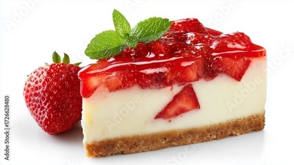 Fototapeta Strawberry cheesecake slice isolated on white background