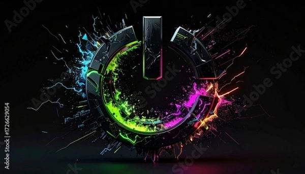Fototapeta A metallic power button symbol explodes with vibrant neon energy and colorful light.