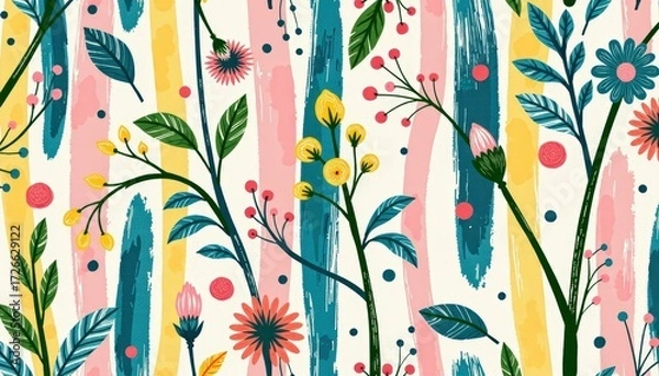 Fototapeta Floral Botanical Pattern Design Spring Flowers and Leaves