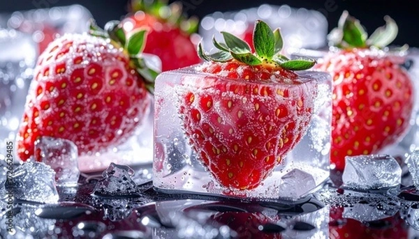 Fototapeta A ripe red strawberry frozen inside a clear ice cube, surrounded by fresh berries and crushed ice on a dark background.
