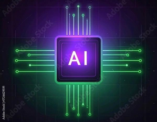 Fototapeta A glowing purple AI processor chip with connecting neon circuit lines on a dark, futuristic digital grid.