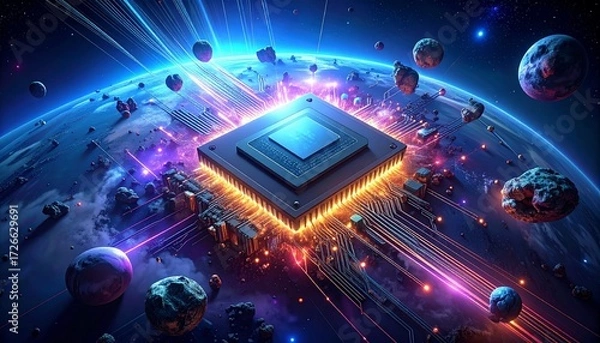 Fototapeta A powerful microchip illuminates a planet with glowing circuits and data streams amidst a cosmic asteroid field.