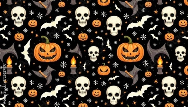 Fototapeta Halloween Seamless Pattern with Skulls, Pumpkins, Bats and Candles