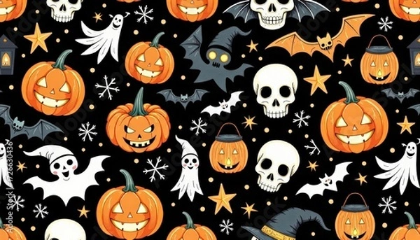 Fototapeta Halloween Seamless Pattern with Pumpkins, Skulls and Spooky Elements