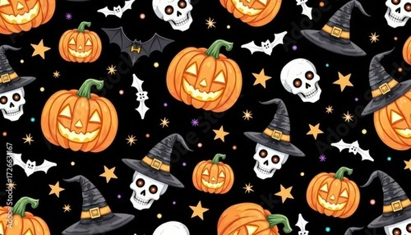 Fototapeta Halloween Seamless Pattern with Pumpkins, Skulls and Bats witch