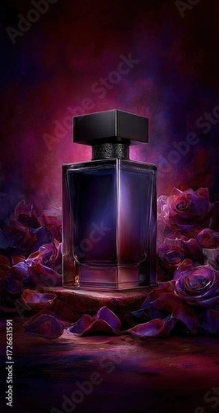 Fototapeta A luxurious perfume bottle, dark purple and black, sits amongst rose petals, creating a captivating and elegant still life.