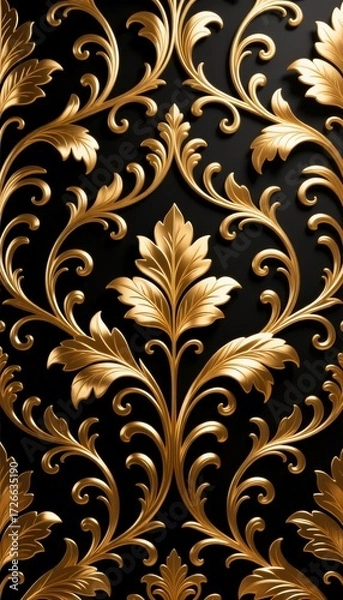 Fototapeta Luxury Gold Damask Pattern on Black Background Elegant Design ornate