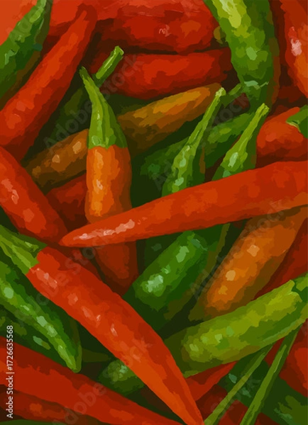 Fototapeta Vector hand drawn mixed chili pepper background. Watercolor style with textured brush effect. For canvas, surface, cover, table, poster, wallpaper, wrap, textile fabric. illustration art