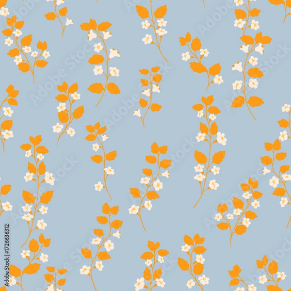 Fototapeta Seamless vector pattern featuring wild floral stems with yellow leaves and delicate white blossoms on a soft blue background. Template for fabric, stationery, and packaging designs