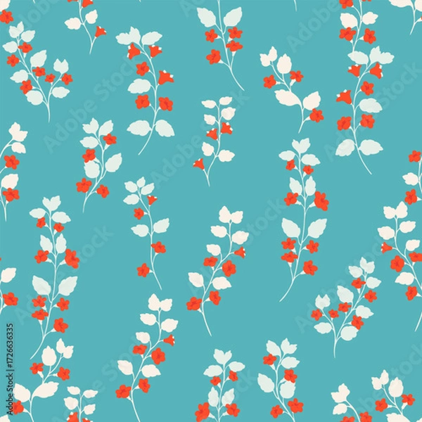 Fototapeta Seamless vector pattern of wild floral stems with soft cream leaves and vivid red blossoms on a turquoise background. Designs for textiles, stationery, packaging, and digital
