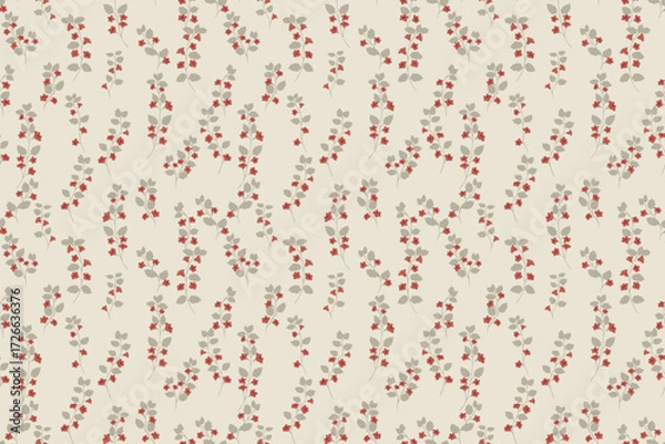 Fototapeta Seamless vector floral pattern with delicate gray stems and small red flowers on beige background. Elegant botanical design for fabric, wallpaper, wrapping, and stationery