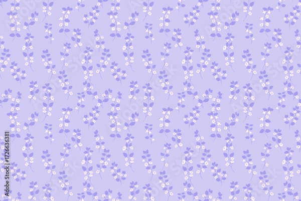 Fototapeta Seamless vector floral pattern with soft lavender stems and tiny white blossoms on a pastel purple background. Elegant botanical design for fabric, wallpaper, wrapping, and decor