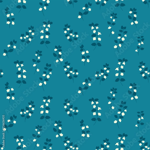 Fototapeta Seamless vector pattern with small white wildflowers and dark green leaves on teal background. Elegant botanical design for textiles, wallpapers, wrapping, and decor