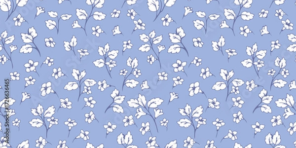 Fototapeta Seamless vector floral pattern with delicate white flowers and leaves on a soft blue background. Elegant botanical design for fabric, wallpaper, and packaging