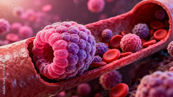 Fototapeta Genetic screening for cancer visualized with cells and blood in medical science concept