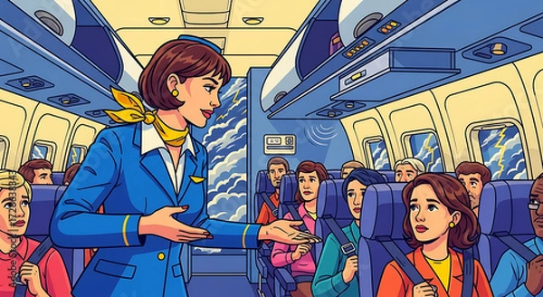 Fototapeta Flight Attendant Welcoming Passengers on an Airplane