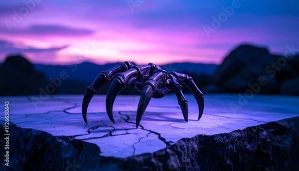 Fototapeta Mechanical Claw on Cracked Surface with Purple Sky Background