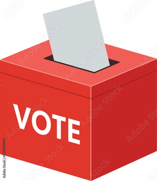 Fototapeta Red vote box with paper ballot symbolizing democratic election participation and civic duty for voting day isolated on transparent background