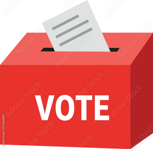 Fototapeta Red voting box with 'vote' text and paper ballot representing democratic elections and civic engagement isolated on transparent background