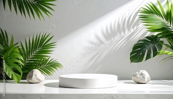 Fototapeta Minimalist White Product Display Podium with Tropical Green Leaves
