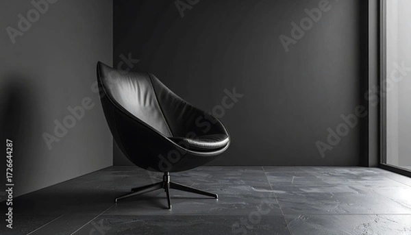 Fototapeta Modern Black Swivel Chair in a Minimalist Dark Interior