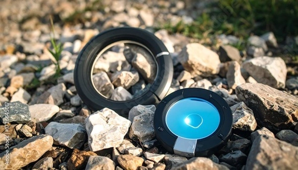 Fototapeta Modern Circular Objects on Rocky Ground with Blue Light