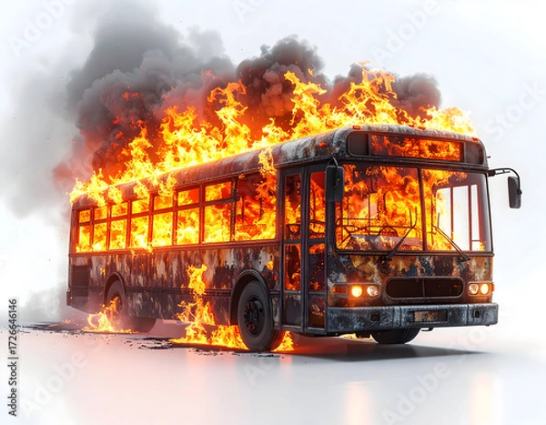 Fototapeta Burning Bus: A dramatic scene unfolds as a city bus is engulfed in flames and smoke, evoking a sense of urgency and disaster. The inferno lights up the surrounding environment.
