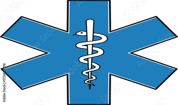 Fototapeta Blue star of life symbol with caduceus medical emblem for emergency services healthcare and paramedicine professional use isolated on transparent background
