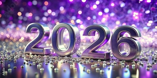 Fototapeta Metallic 2026 numerals on a reflective surface with a bokeh background of purple and silver lights