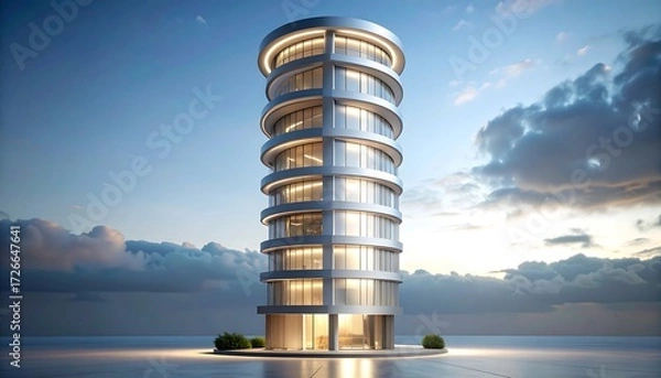 Fototapeta Modern Cylindrical Building at Sunset with Cloudscape and Sky