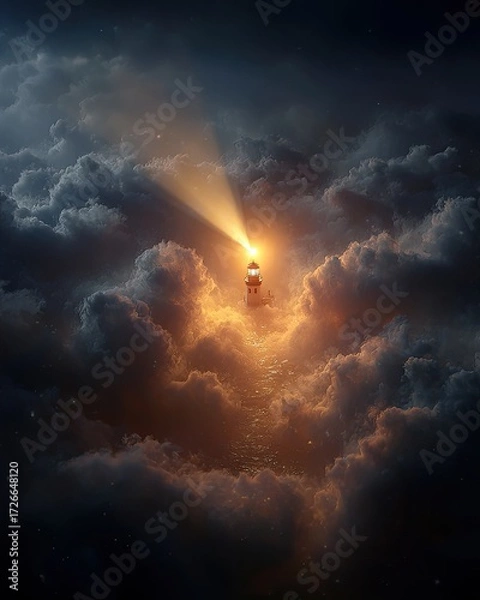Fototapeta Lighthouse In Clouds At Night