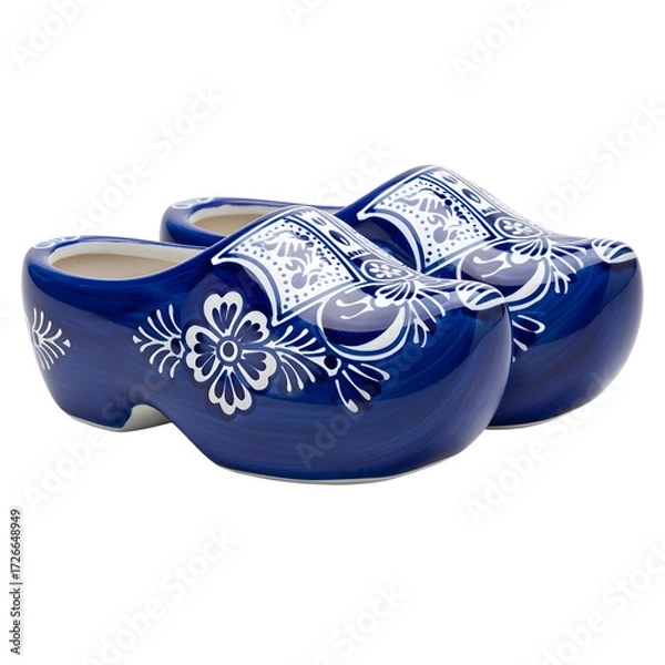 Fototapeta Pair of blue and white Delftware clogs with floral patterns on white or transparent background