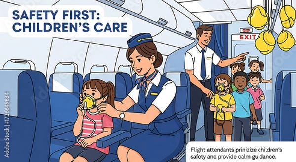 Fototapeta Flight attendant providing emergency care and oxygen mask guidance to a child on an airplane