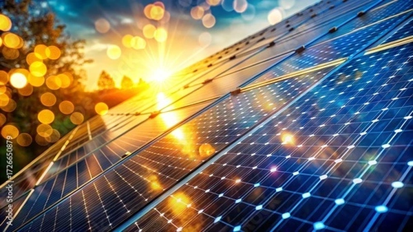 Fototapeta Close up of solar panels reflecting sunlight with bokeh effect in the background at sunset time