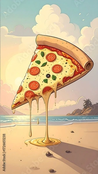 Obraz Pizza slice on beach at sunset