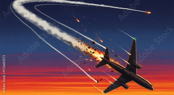 Fototapeta Aviation Disaster Plane Crashing in a Fiery Descent Against Sunset Sky