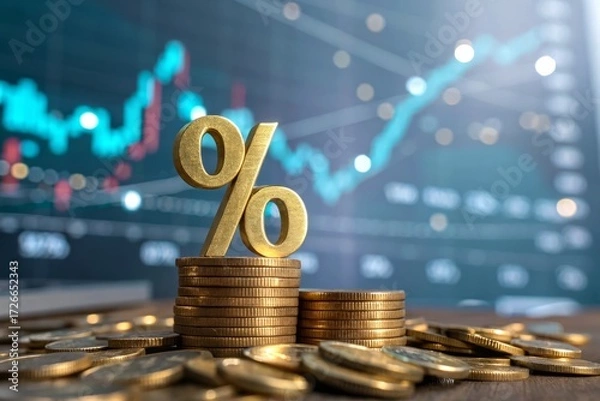 Fototapeta A golden percentage symbol atop stacked coins against a blurred stock market graph background scene view