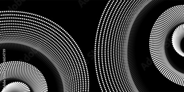 Fototapeta Abstract spiral pattern made of white dots on a black background. The dynamic, optical illusion effect creates depth and motion, perfect for modern design, posters or digital art projects.