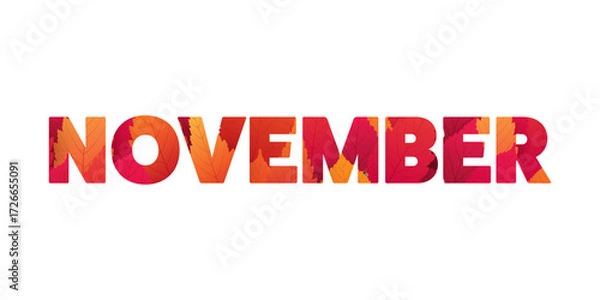 Fototapeta Large November Typography or Banner Design, Template with Colorful Leaves. Colors: Red, Orange, Brown - Vector Template Design Isolated on White Background - Design Element for Calendar or Web